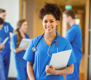 a female nurse smiling